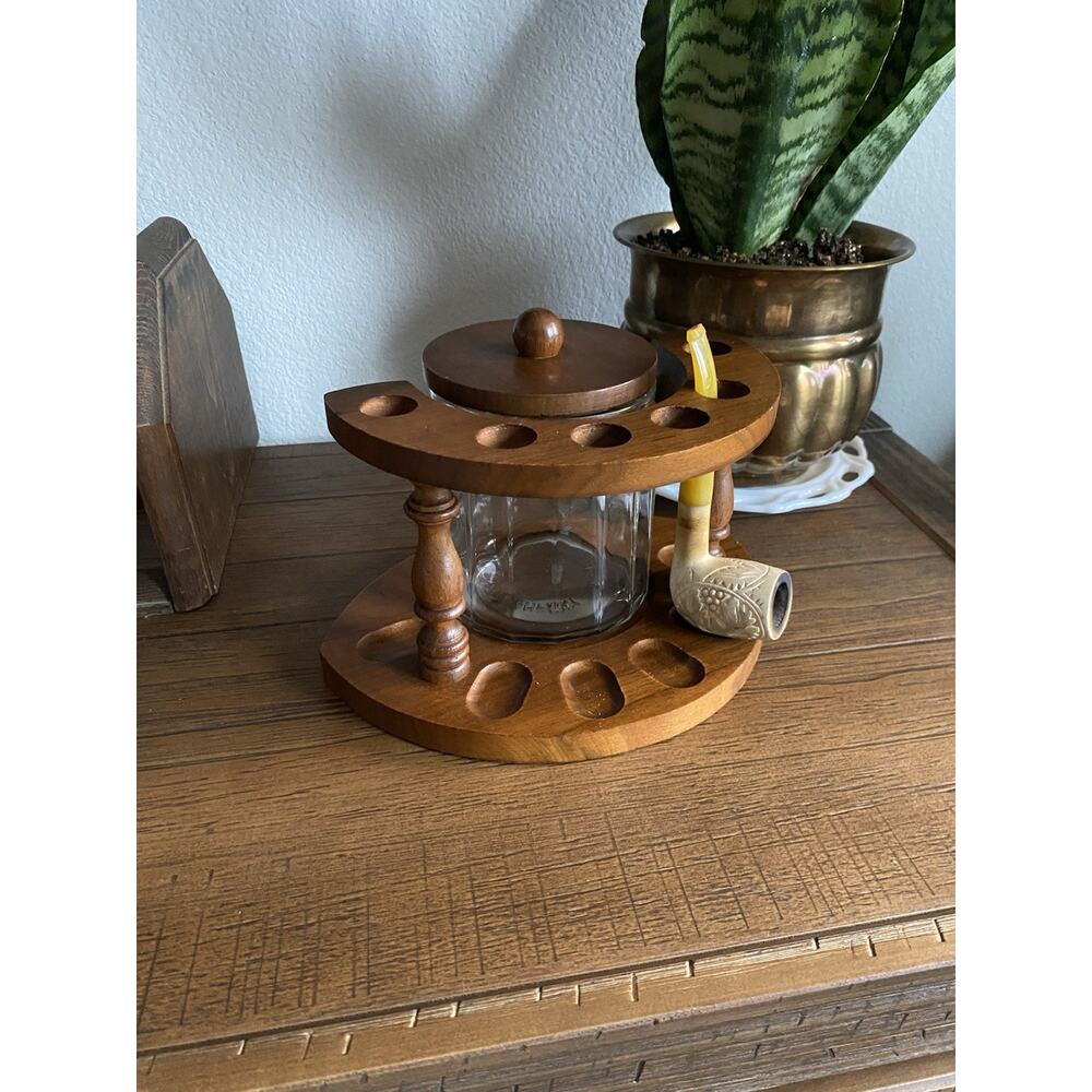 Vintage Wood 6 Pipe Rack Storage Glass Humidor With Wood Lid